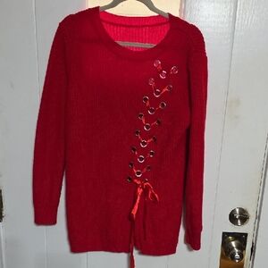 Women's Red Sweater Ribbon Lace Up W/Silvertone Grommets Holidays Sz XL EUC